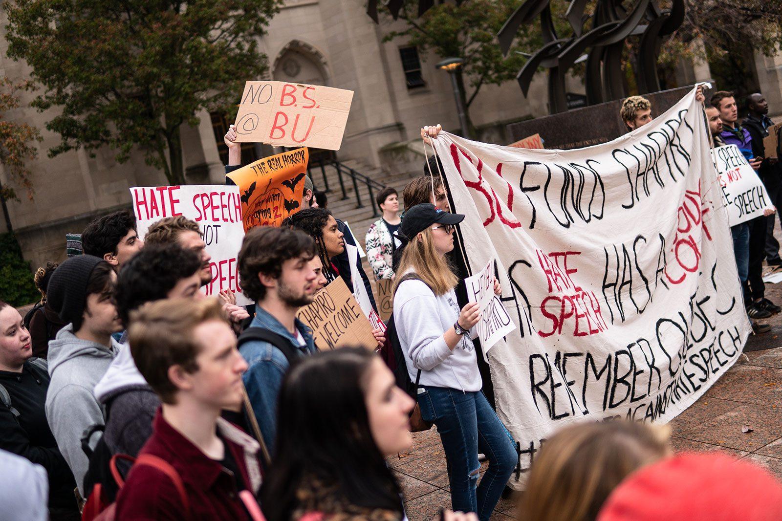 Members of the BU community gathered in Marsh Plaza on Monday to protest Ben Shapiro coming to speak on campus. SOPHIE PARK/ DAILY FREE PRESS STAFF