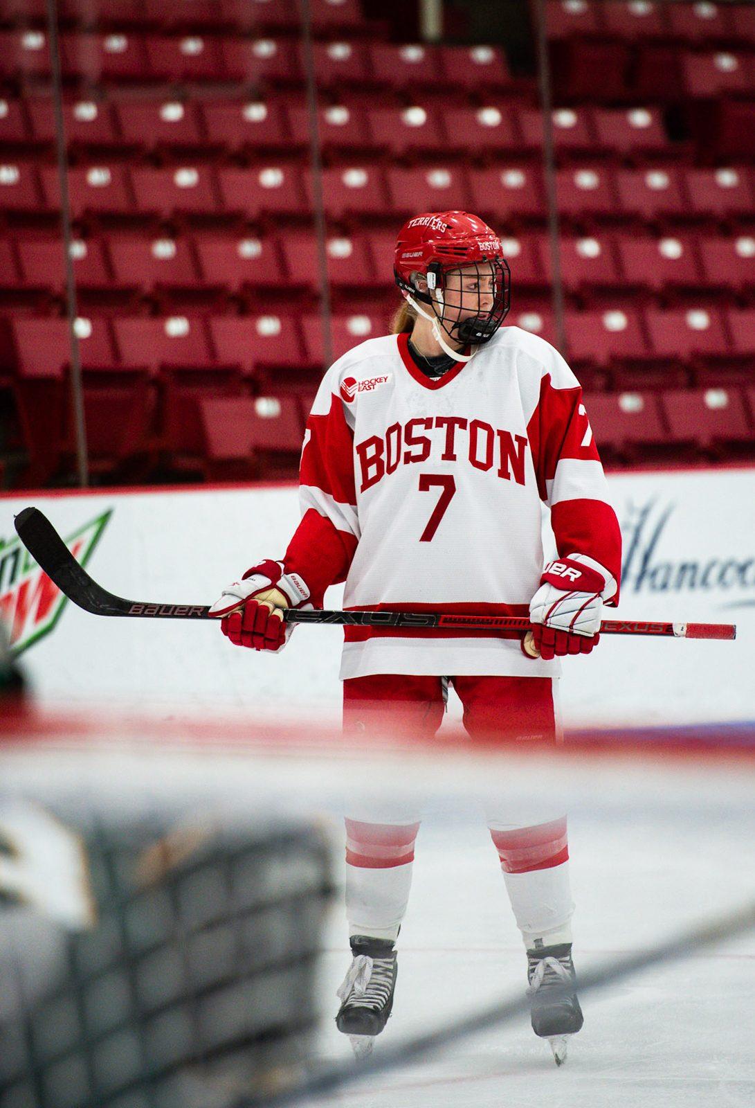 Junior forward Jesse Compher, shown in November 2018 against the University of Vermont, scored two goals in Boston University’s 6-2 win over Harvard University Tuesday night. MAISIE MANSFIELD-GREENWALD/ DFP FILE