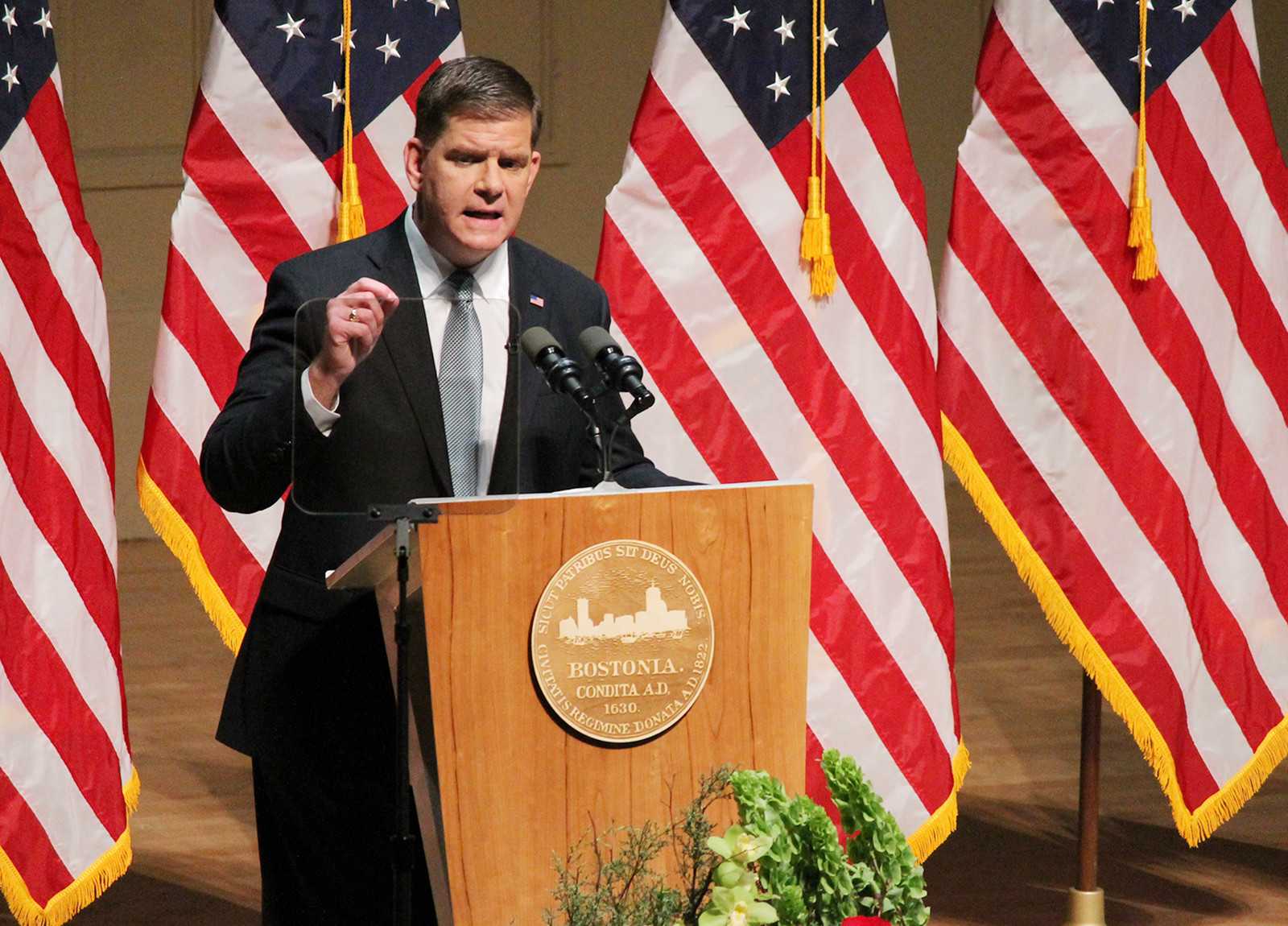 Mayor Martin Walsh speaks about keeping Boston safe by "lifting people up," rather than "locking people up," during the State of the City Address in Symphony Hall Tuesday evening. PHOTO BY ABIGAIL FREEMAN/DAILY FREE PRESS STAFF
 