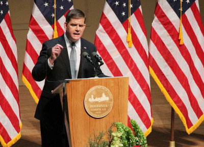 Mayor Martin Walsh speaks about keeping Boston safe by "lifting people up," rather than "locking people up," during the State of the City Address in Symphony Hall Tuesday evening. PHOTO BY ABIGAIL FREEMAN/DAILY FREE PRESS STAFF 