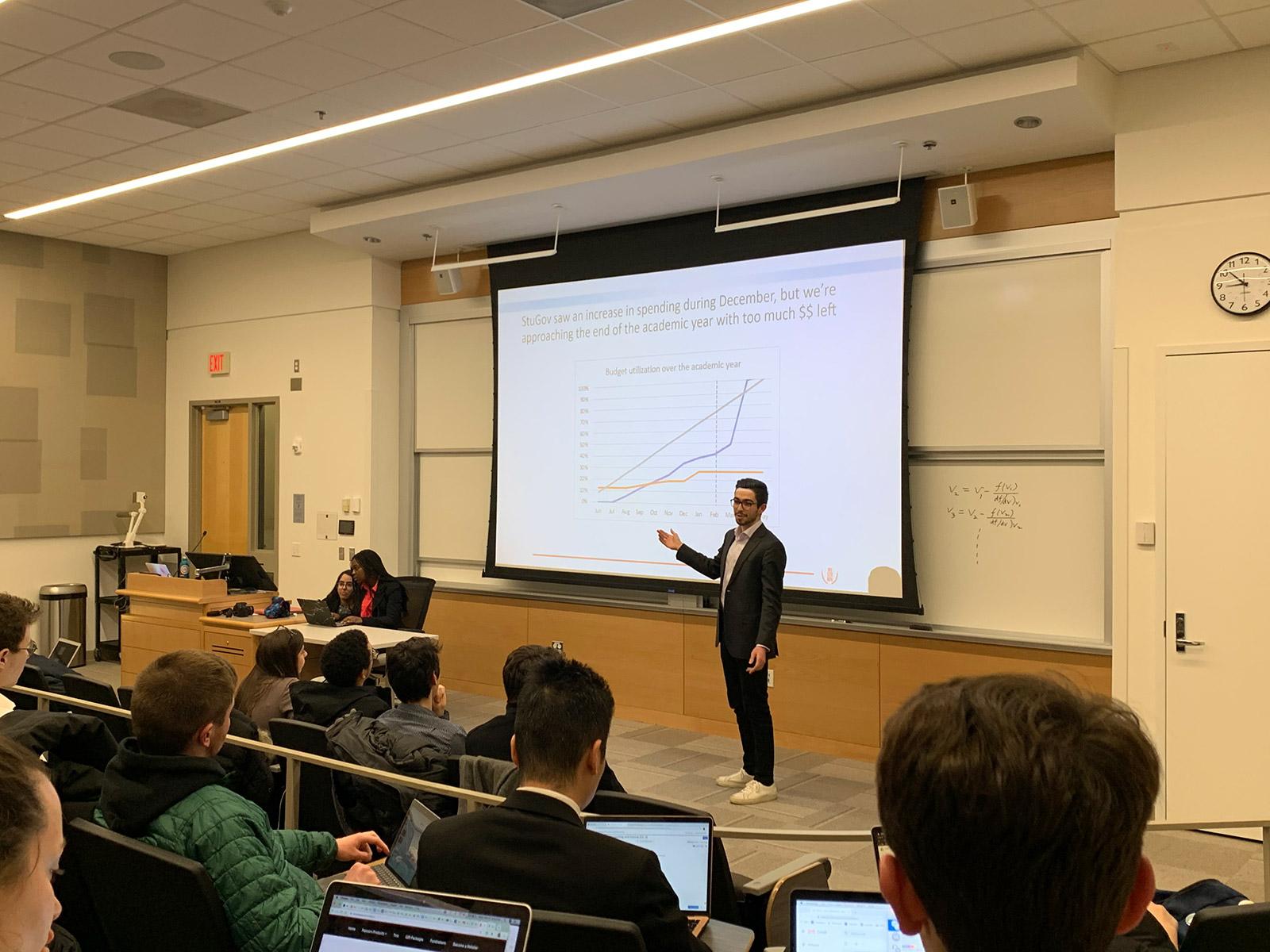 Vice President of Finance Lukas Flores presents budget updates to the Student Government Senate Monday. ELLIE YEO/ DAILY FREE PRESS STAFF