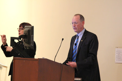 Co-founder of global health organization Partners in Health Paul Farmer speaks about the current state of global health at Jacob Sleeper Auditorium Tuesday evening. PHOTO BY SUSIE TERASAKI/DAILY FREE PRESS STAFF