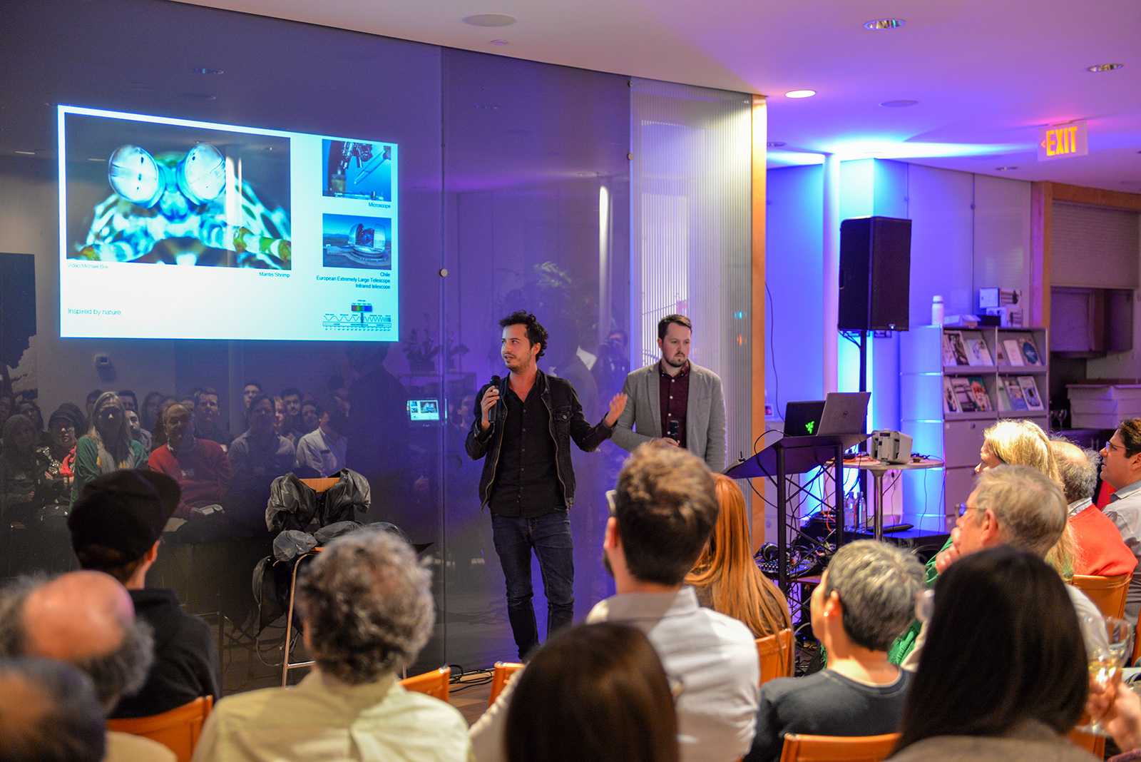 Massachusetts Institute of Technology Media Lab scientist and artist Thomas Sanchez Lengeling and MIT researcher Brodi Elwood spoke about their synesthesia research at swissnex Boston’s “LASER Boston — Sensory Overload” event in Cambridge Friday night. COURTESY SWISSNEX BOSTON

