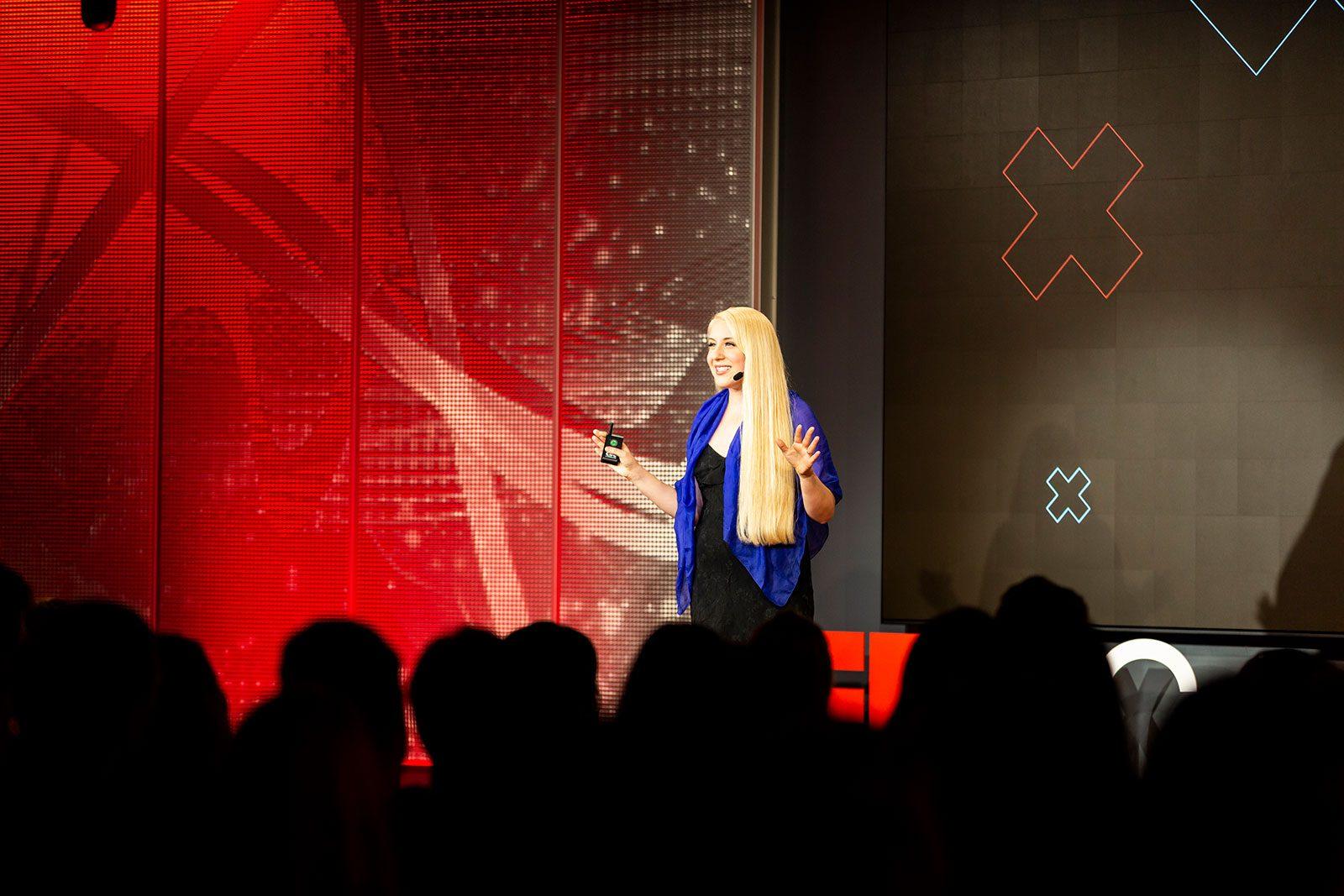 Social psychologist Bethany Burum speaking at WBUR CitySpace on Wednesday as part of TEDx Cambridge’s 2019 salon series. COURTESY OF BEARWALK CINEMA
