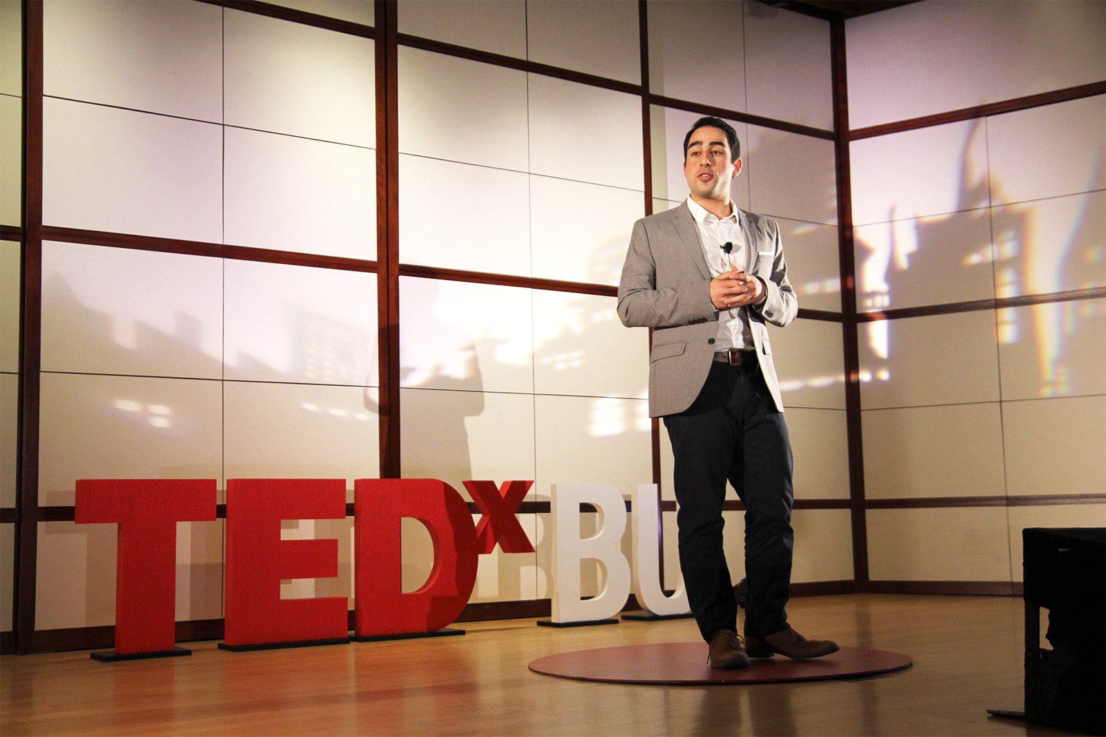 Santiago Marquez, a sophomore in the College of Arts and Sciences, speaks at TEDxBU Saturday about the importance of using affection when building relationships. PHOTO COURTESY VANLIZZA CHAU