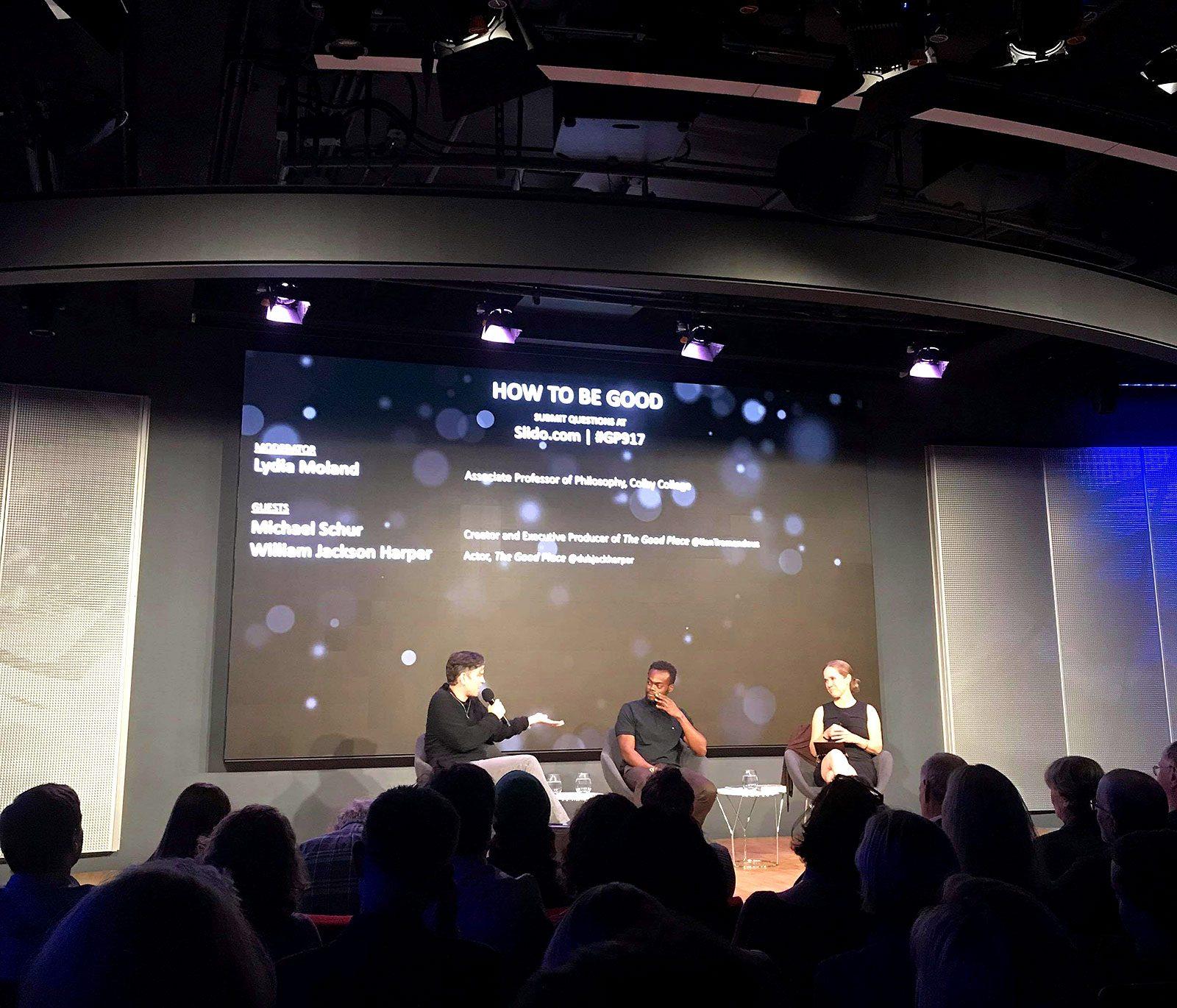 On Tuesday evening, Netflix’s “The Good Place” creator Michael Schur and actor William Jackson Harper discussed the upcoming final season with Colby College professor Lydia Moland at WBUR’s City Space. AMELIA GRIFFITHS/ DAILY FREE PRESS STAFF