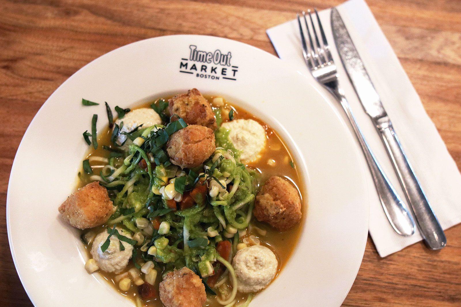 The zucchini noodles at MC Kitchen, a vegan eatery at Time Out Market Boston. The restaurant hall opened in Fenway over the summer, offering a range of Boston’s best foods. SOFIA KOYAMA/ DAILY FREE PRESS STAFF