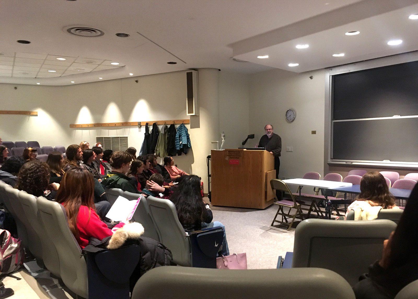 An adjunct professor addresses attendees at the “Why It Sucks To BU” town hall hosted by Boston University Students Against Hate Speech at the Sargent College of Health and Rehabilitation Sciences Thursday evening. GABE KOIISHE/ DAILY FREE PRESS STAFF