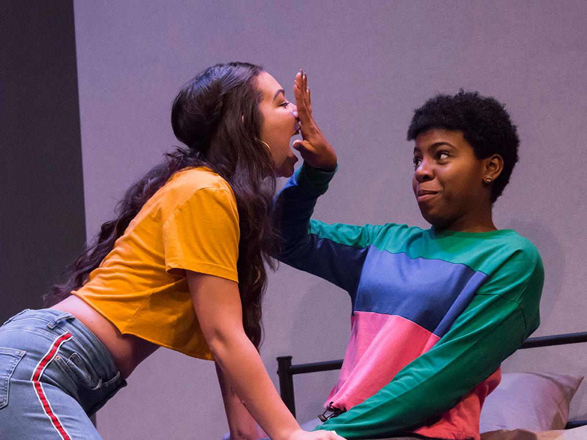 Stephanie Castillo (left) and Danielle Palmer (right) star in “The Tragic Ecstasy of Girlhood” at the Boston Playwrights’ Theatre. COURTESY OF KALMAN ZABARSKY