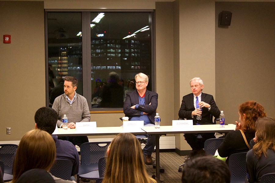Dave Shaw, Edward Downes, and Thomas Whalen at “The Fake News Media vs. The Trump Administration” panel discussion on Thursday. PHOTO BY MAGGIE LEONE/ DAILY FREE PRESS STAFF  

