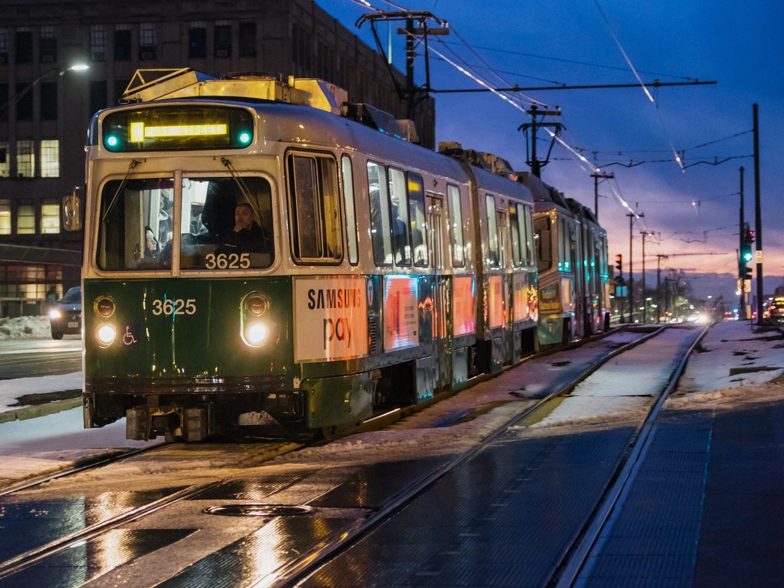 The Green Line train on Commonwealth Avenue. Transportation advocates are calling for increased investment in transportation and transit equity in anticipation of a new transit financing bill set to be released later this month. BRIAN SONG/DFP FILE