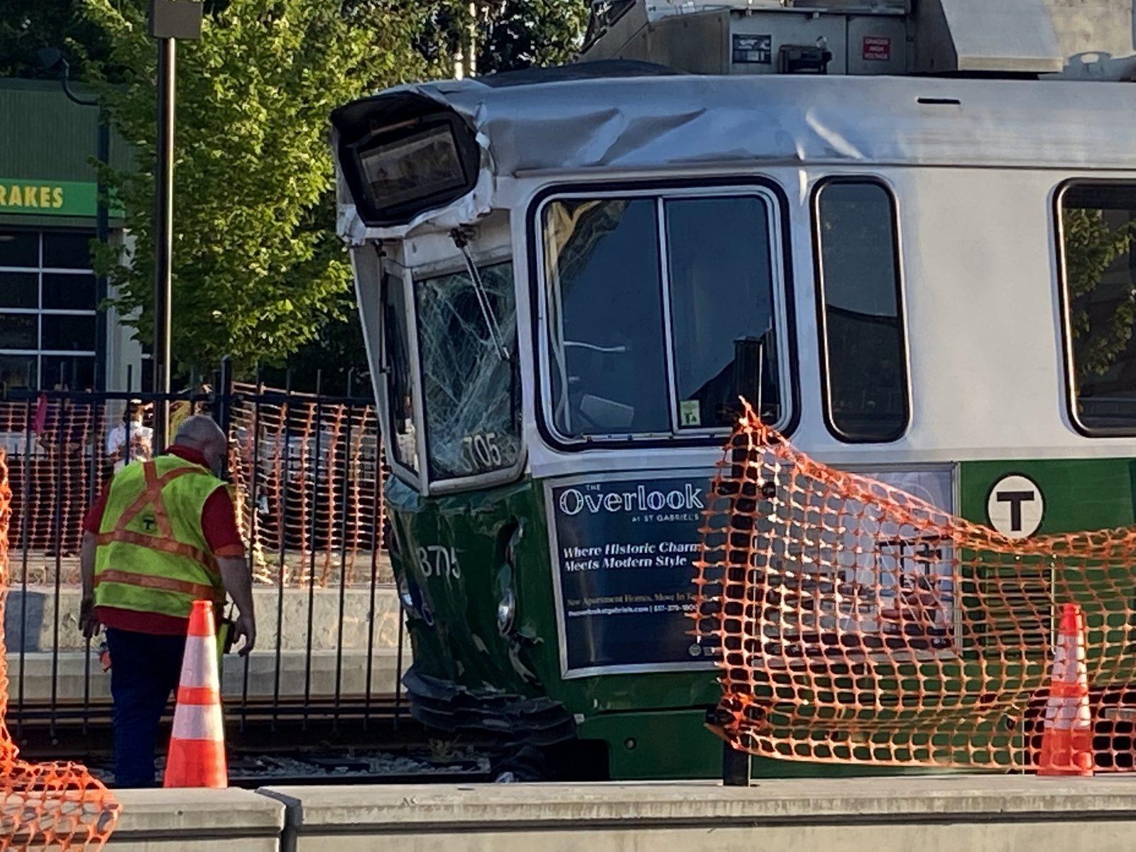 A Green Line train after a rear-end collision. Two trains traveling Westbound on the B line on Commonwealth Ave collided on Friday around 6 p.m., injuring at least 25 individuals and causing damage to both trains and the track. LILY KEPNER/DAILY FREE PRESS STAFF