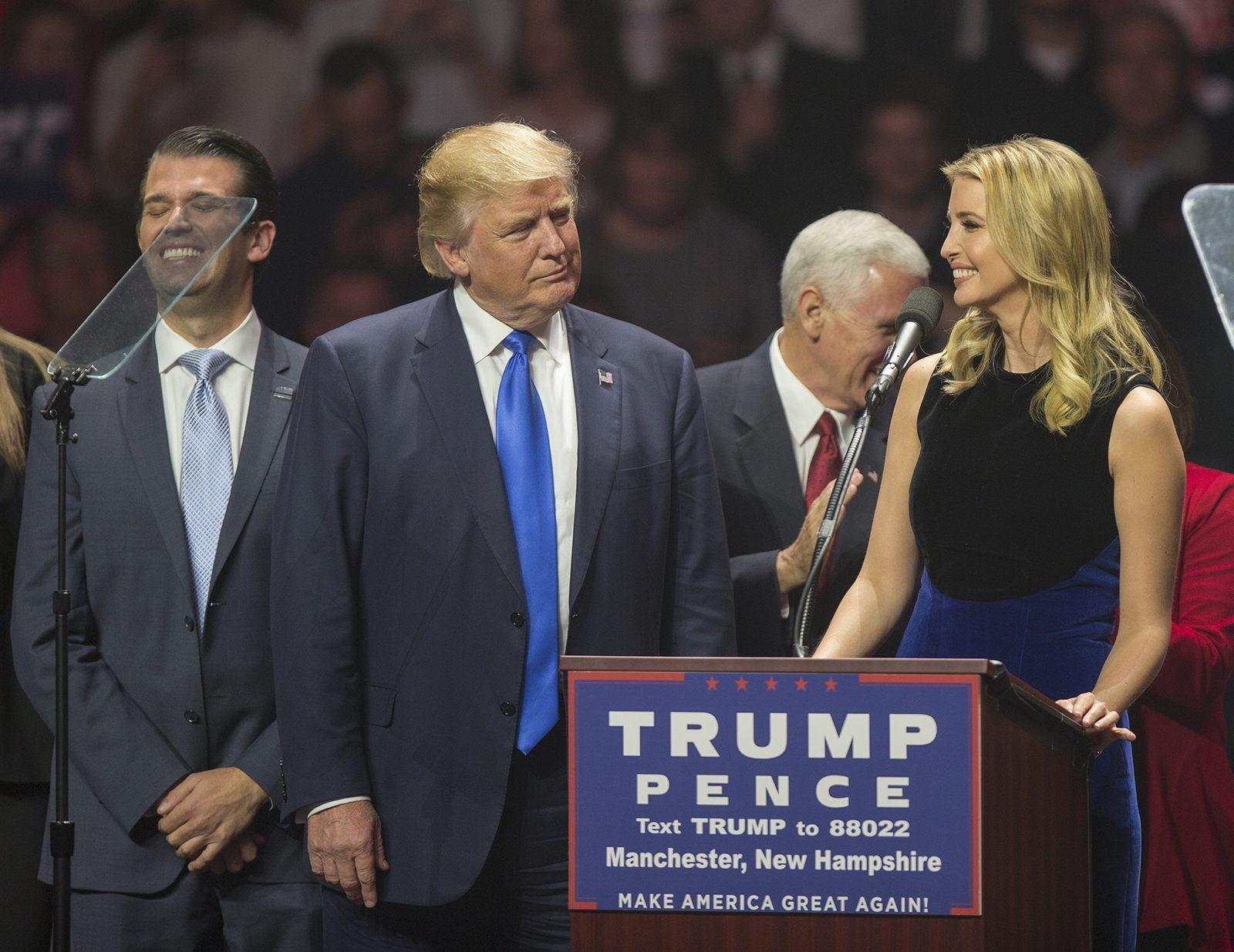 Republican presidential candidate Donald Trump stands on stage in Manchester, New Hampshire alongside running mate Mike Pence, son Donald Trump Jr. and daughter Ivanka. PHOTO BY SARAH SILBIGER/ DAILY FREE PRESS STAFF