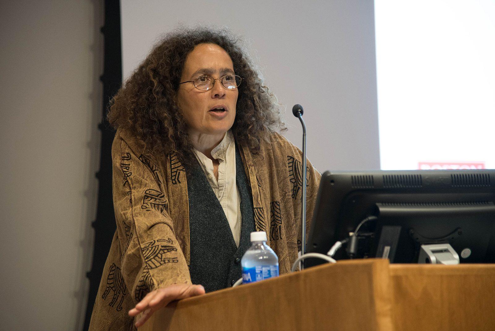 Neta Crawford, a political science professor, speaks at the “Trump v. Clinton: How Does 2016 Compare" event Thursday in the Law Auditorium.  PHOTO BY LAUREN PETERSON/ DAILY FREE PRESS STAFF