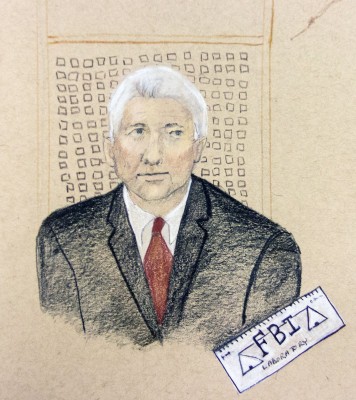 FBI bomb expert Edward Knapp, depicted above in a courtroom sketch, testified Thursday in the trial of Boston Marathon bombing suspect Dzhokhar Tsarnaev at the John Joseph Moakley United States Courthouse. ILLUSTRATION BY COURTNEY DUTRA/DAILY FREE PRESS STAFF