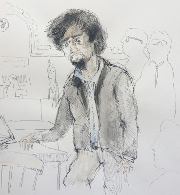 Boston Marathon bomber Dzhokhar Tsarnaev is depicted in a courtroom sketch at the John Joseph Moakley United States Courthouse Thursday, April 30. ILLUSTRATION BY REBECCA NESS/ DAILY FREE PRESS STAFF