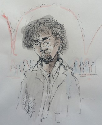 Boston Marathon bomber Dzhokhar Tsarnaev is depicted in a courtroom sketch at the John Joseph Moakley United States Courthouse Thursday, April 30. ILLUSTRATION BY REBECCA NESS/ DAILY FREE PRESS STAFF