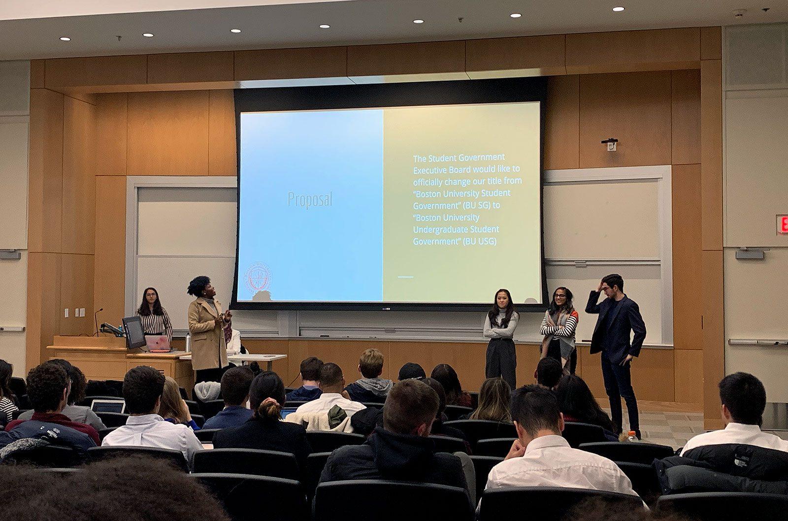 The Executive Board of the Boston University Undergraduate Student Government introduces a proposal to officially change their name during a meeting Monday. ELLIE YEO/ DAILY FREE PRESS STAFF