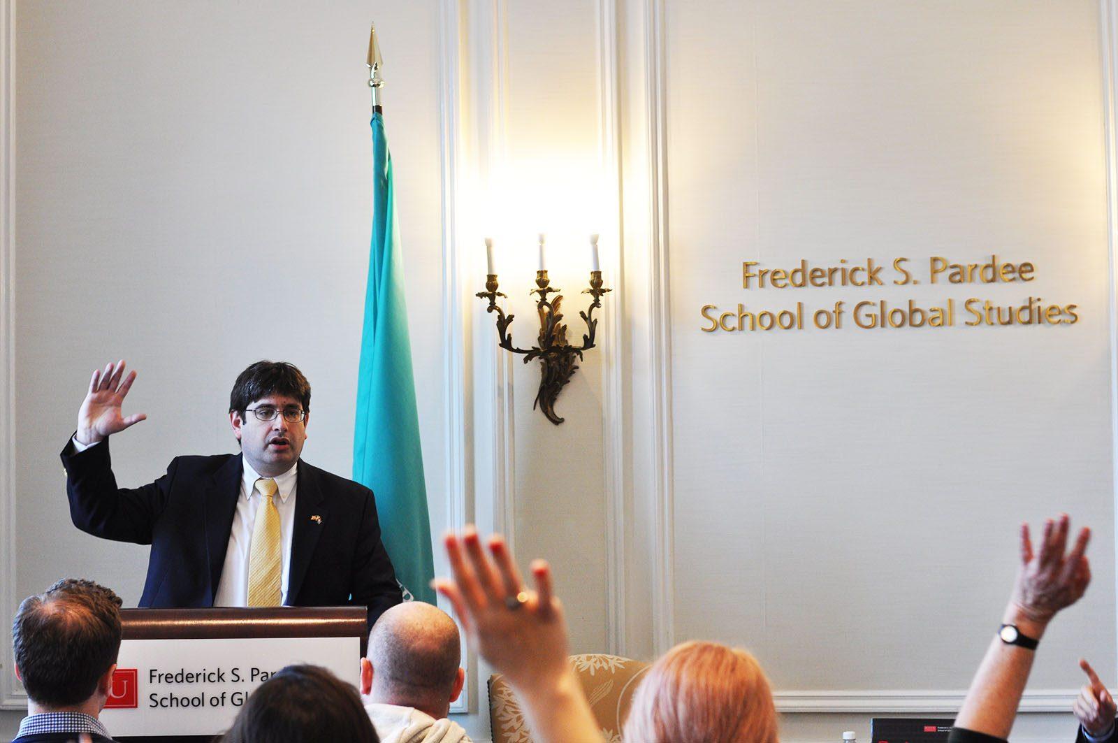 Miguel Fraga, the first secretary of the Cuban Embassy, speaks Thursday afternoon at the Frederick S. Pardee School of Global Studies about U.S.-Cuba relations. PHOTO BY BRIANNA BURNS/ DAILY FREE PRESS STAFF