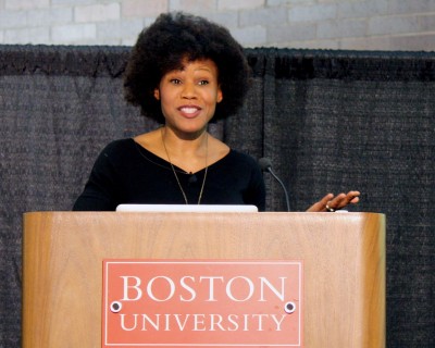 Urban revitalization specialist Majora Carter speaks at “Home(town) Security: A Talk About Urban Revitalization and Sustainability” in the George Sherman Union Thursday, the second panel hosted by the Board of Trustees Advisory Committee on Socially Responsible Investing. PHOTO BY BETSEY GOLDWASSER/DAILY FREE PRESS STAFF