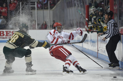 Vermont defenseman Alexx Privitera (left) had two points in his return to Agganis Arena. PHOTO BY MADDIE MALHOTRA/DAILY FREE PRESS STAFF