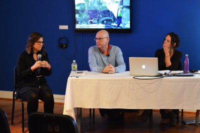 Moderator and curator Jordan Karney Chaim joins College of Communication professor Roy Grundmann and Tufts University Lecturer Erin [CUT L.] McCutcheon in the “Exhibiting Gender” panel discussion Monday at the James Stone Gallery. PHOTO BY VIGUNTHAAN THARMARAJAH/ DAILY FREE PRESS STAFF