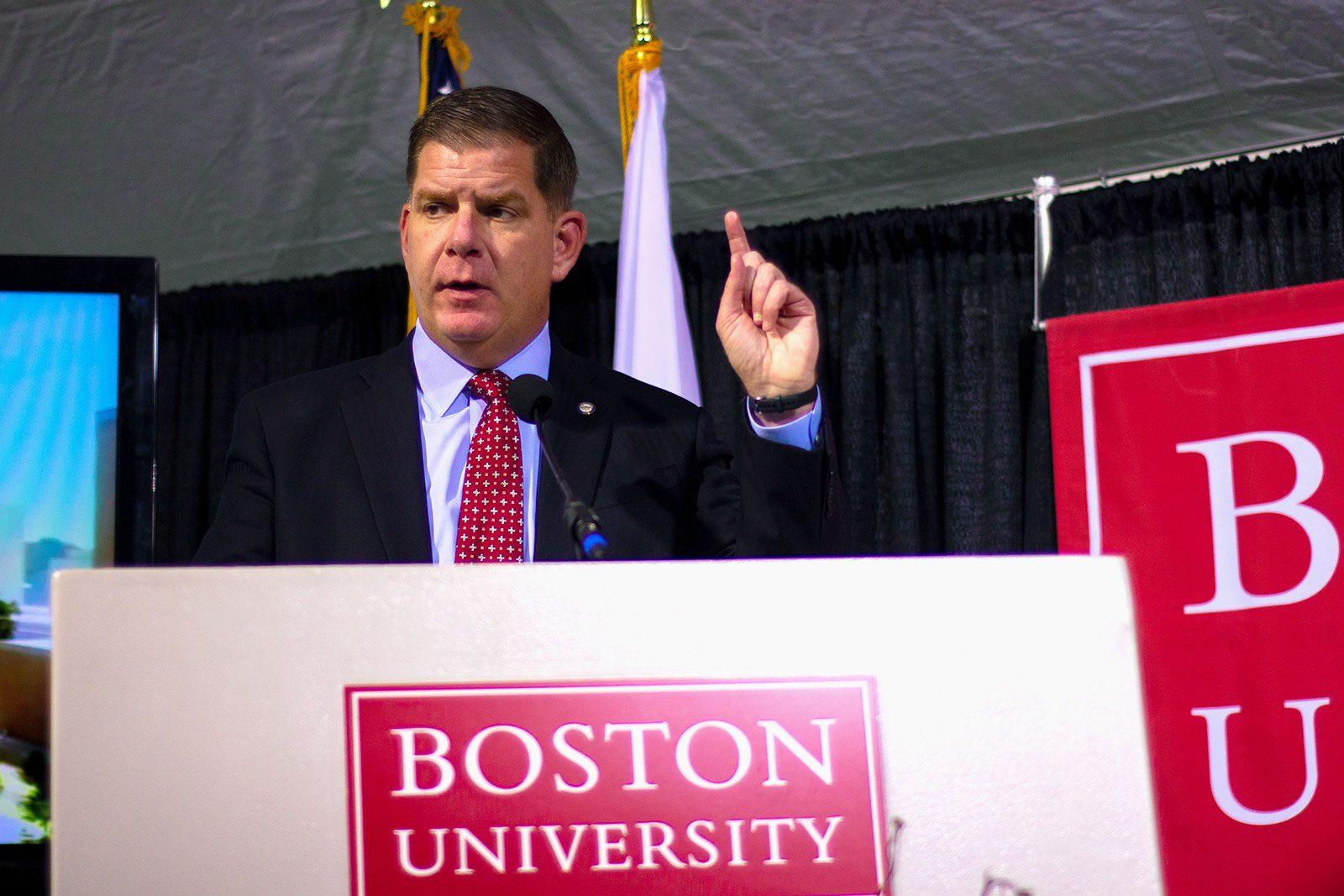 Boston Mayor Martin Walsh speaks Thursday at a ceremony hosted at the location of the upcoming Boston University Center for Computing and Data Sciences. CONOR KELLEY/ DAILY FREE PRESS STAFF
