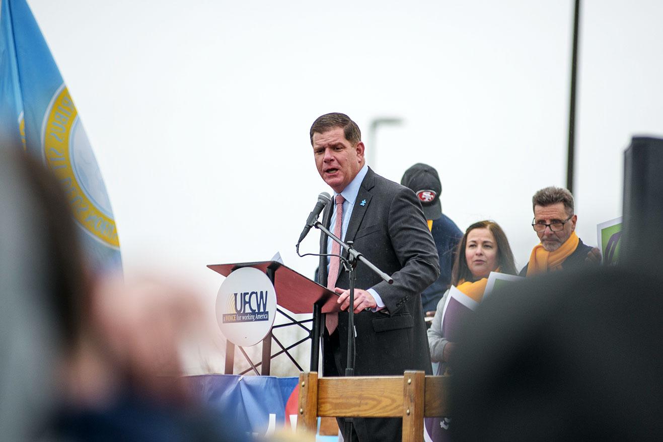 Boston Mayor Martin Walsh speaks at a Stop & Shop worker’s strike in April. Walsh recently announced the 2019-20 Spark Council which oversees increasing civic engagement among young adults. CHLOE GRINBERG/ DFP FILE