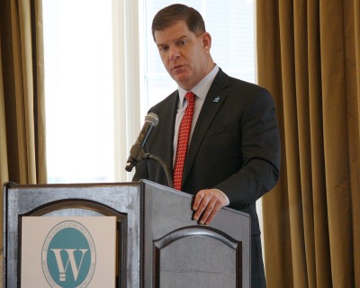 Boston Mayor Martin Walsh speaks to business leaders about women in the workplace and wage equality at the Omni Parker House Tuesday morning. PHOTO BY BETSEY GOLDWASSER/DAILY FREE PRESS STAFF