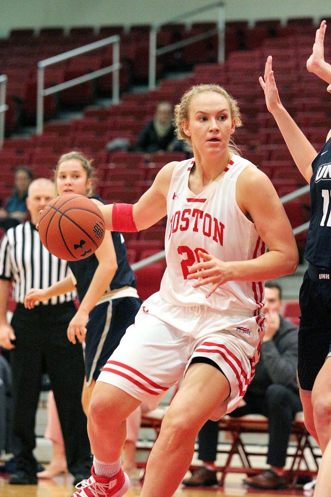 Senior forward Nia Irving, shown in a November 2018 game against the University of New Hampshire, posted 20 points in Boston University's win over the University of Maine Sunday. MADISON EPPERSON/ DFP FILE