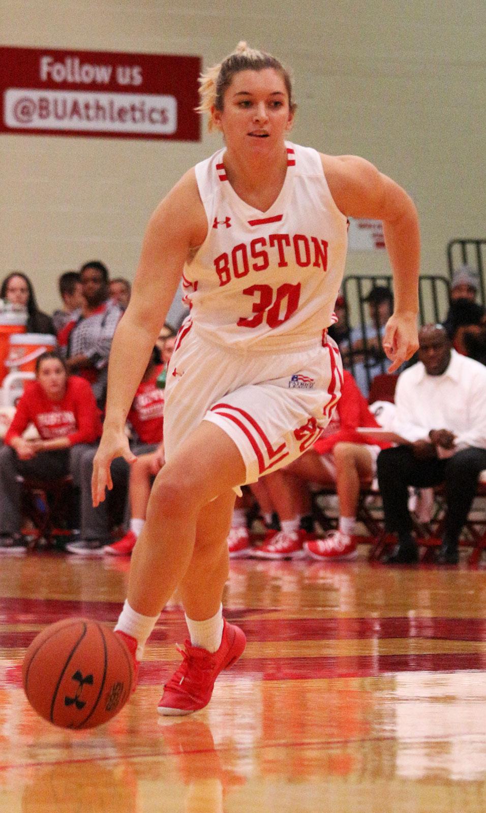 Senior forward Nia Irving, shown in a November 2018 game against Brown University, played strong defense and pulled down seven rebounds in Boston University’s 46-41 loss against Navy. MADDIE EPPERSON/ DFP FILE