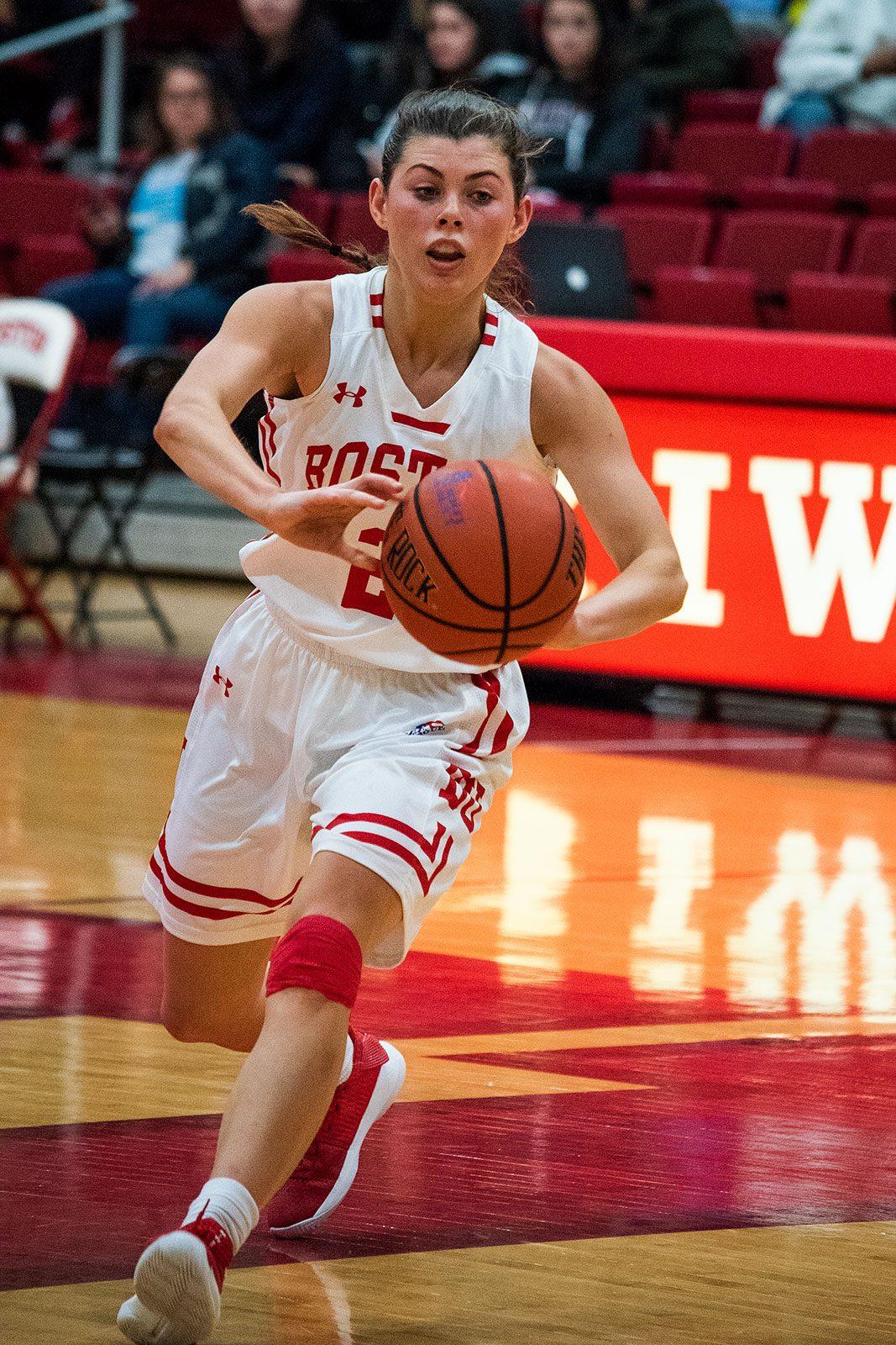Junior guard Katie Nelson, shown in a February 2018 game against Lehigh University, posted 14 points in the Boston University women's basketball game against Marist College. CHLOE GRINBERG/ DFP FILE