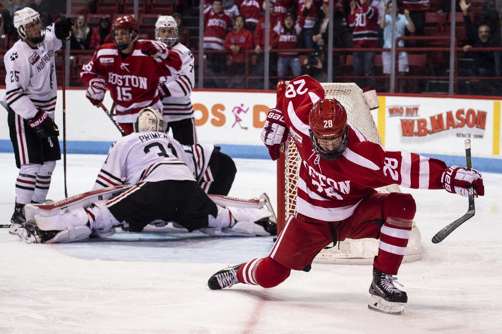 Freshman forward Joel Farabee scored the final goal in Thursday's 5-5 tie against Northeastern University. MADDIE MALHOTRA/ DAILY FREE PRESS STAFF
