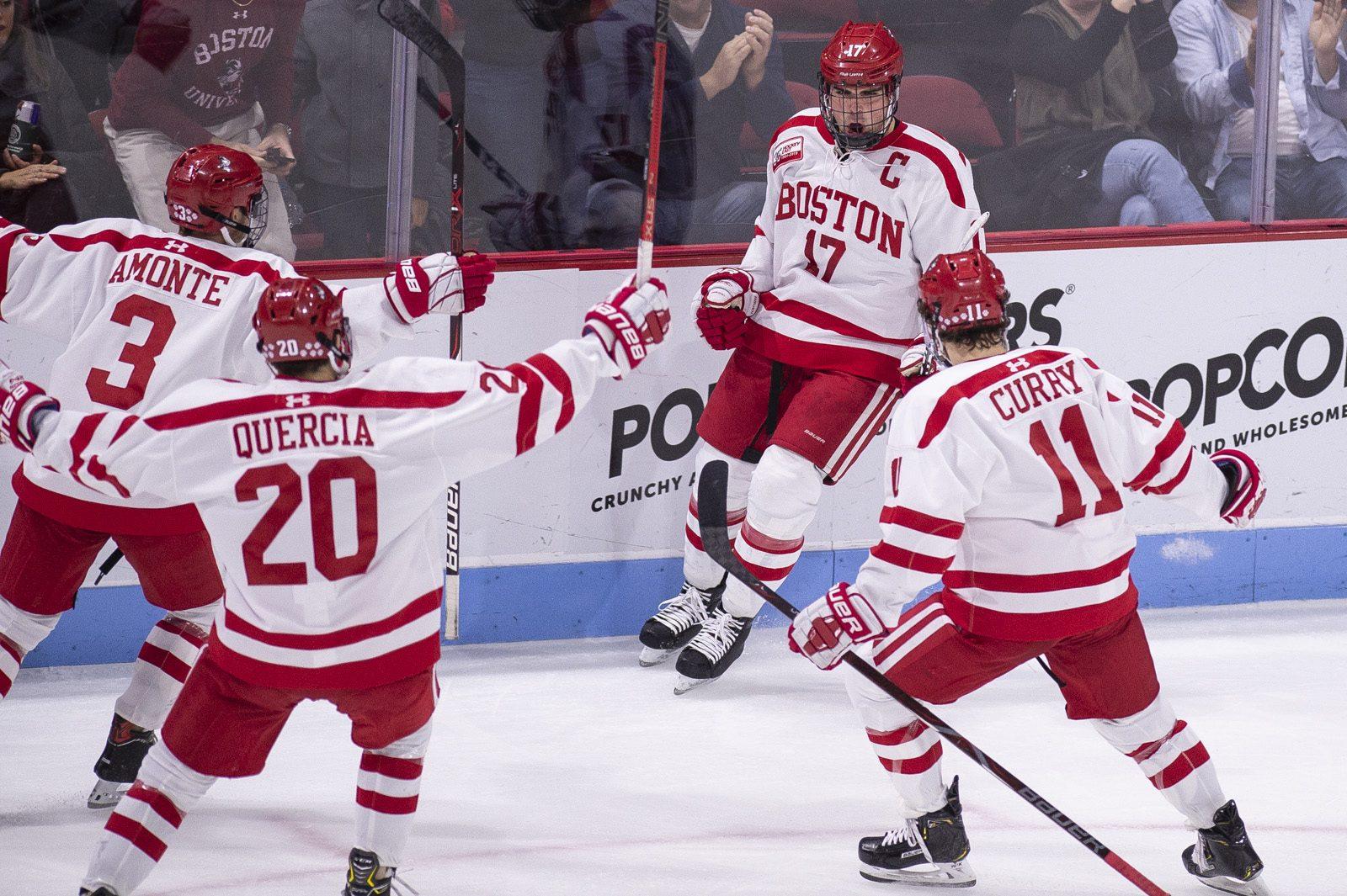 Junior defenseman Dante Fabbro scored two goals in Boston University’s first regular season win over Northeastern University Saturday night. MADDIE MALHOTRA/ DAILY FREE PRESS STAFF