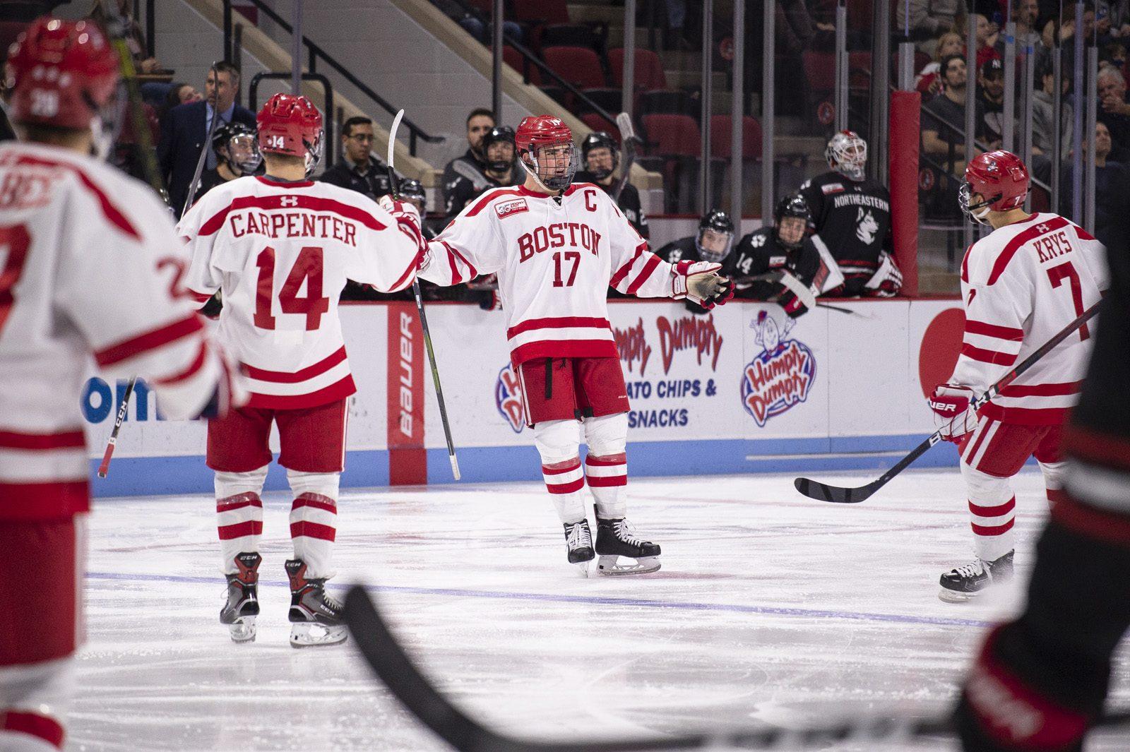 Co-captains Bobo Carpenter (left) and Dante Fabbro (right) totaled for three goals in BU's 4-1 win over Northeastern Nov. 3, 2018 at Agganis Arena in Boston, Massachusetts. PHOTO BY MADDIE MALHOTRA/ DAILY FREE PRESS STAFF