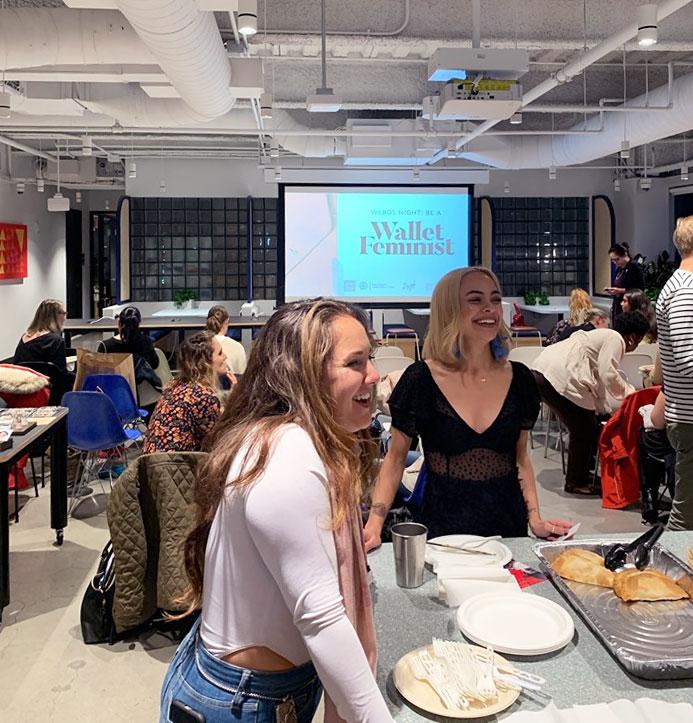The “Be a Wallet Feminist” panel on Oct. 9 at WeWork downtown was part of the lineup of events for Women Entrepreneurs Boston Week. NANCY JIANG/ DAILY FREE PRESS STAFF