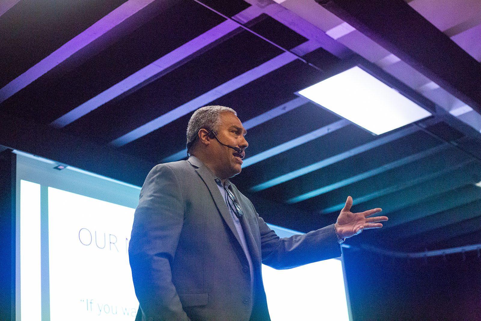 Dr. Eduardo Bonilla-Silva discusses racial constructs and identities in a talk titled “What is Race” hosted at the George Sherman Union on Thursday. ANH NGUYEN/ DAILY FREE PRESS STAFF
