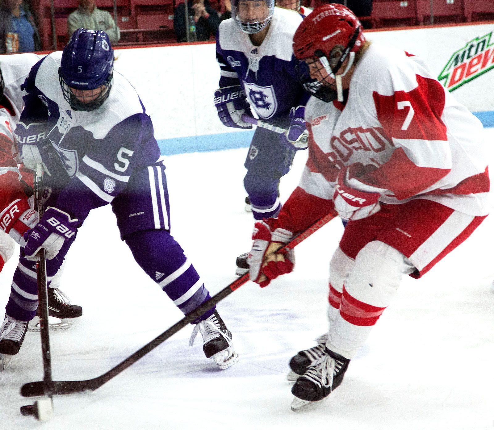 Junior Jesse Compher, shown in a Feb. 2 game against the College of the Holy Cross, made her first appearance of the season in the BU’s win over Providence College on Saturday. EMILY HUNTER/ DFP FILE