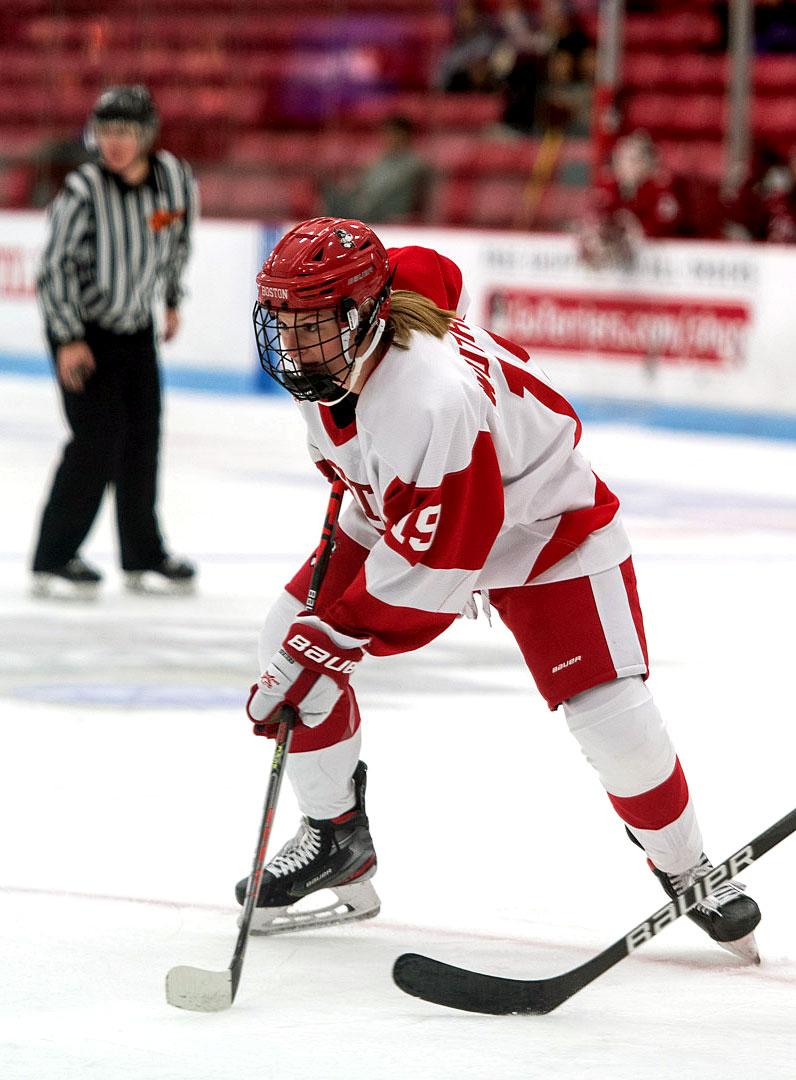 Sophomore forward Emma Wuthrich, shown in a Nov. 19 game against Harvard University, opened the scoring for Boston University in the win over Boston College Friday. MAISIE MANSFIELD-GREENWALD/ DFP FILE