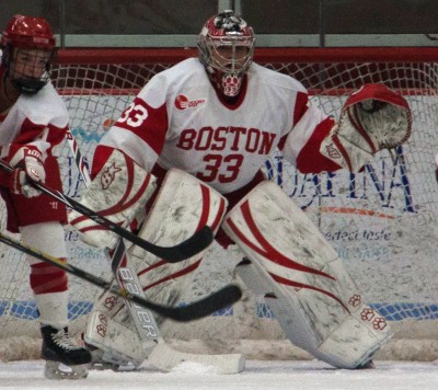 Sophomore netminder Victoria Hanson has started 18 games for the Boston University women's hockey team, earning a 2.32 goals against average PHOTO BY / ALEXANDRA WIMLEY DAILY FREE PRESS STAFF