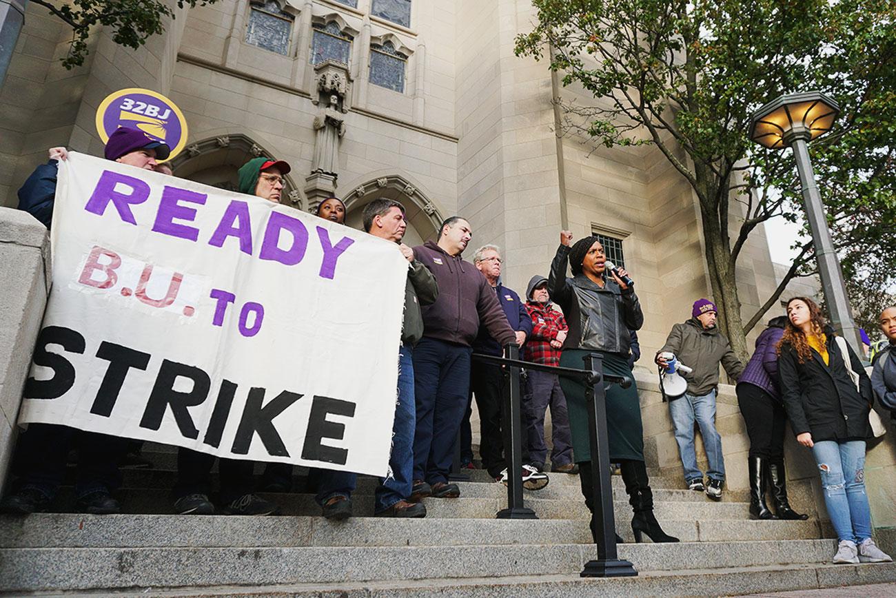 Boston City Councilor At-Large Ayanna Pressley speaks on the steps of Marsh Chapel in support of Boston University service workers Tuesday evening. SOPHIE PARK/ DAILY FREE PRESS STAFF
