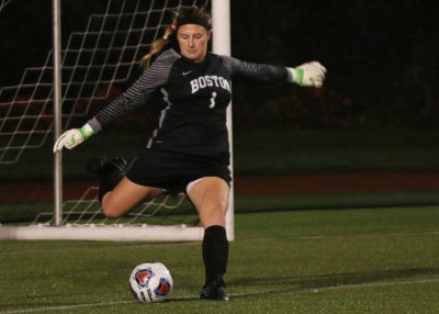 Senior goalkeeper Bridget Conway started and had three saves for BU against the Raiders. PHOTO BY JUSTIN HAWK/ DAILY FREE PRESS STAFF 