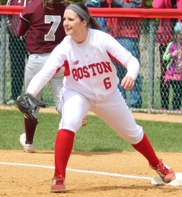 Lauren Hynes didn't pitch against Brown, but did cross home plate twice. PHOTO BY ALEXANDRA WIMLEY/DAILY FREE PRESS STAFF 