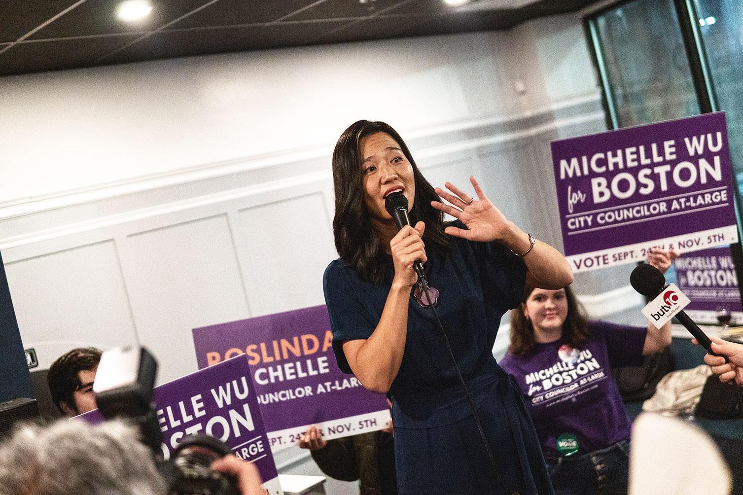 Michelle Wu addresses supporters at her watch party at Distraction Brewing Co. after winning her reelection campaign for Boston’s City Council at-large on Tuesday. SOPHIE PARK/ DAILY FREE PRESS STAFF