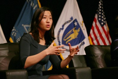 Boston City Council President Michelle Wu speaks at “A Conversation with The Women of the Boston City Council” in Hibernian Hall in Roxbury Tuesday night. PHOTO BY BRITTANY CHANG/DAILY FREE PRESS CONTRIBUTOR