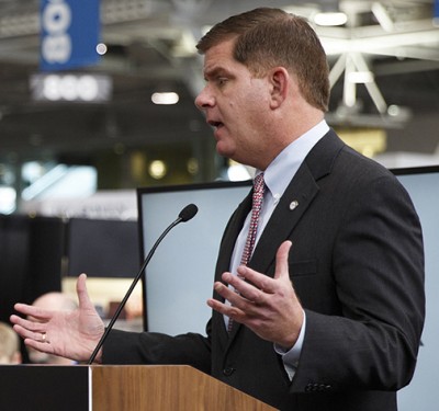 Boston Mayor Martin Walsh speaks at the Boston Convention and Exhibition Center in October. StartHub, a new service for start-up businesses, was highlighted by Walsh in the State of the City address on Jan. 13. PHOTO BY EVAN JONES/DAILY FREE PRESS STAFF