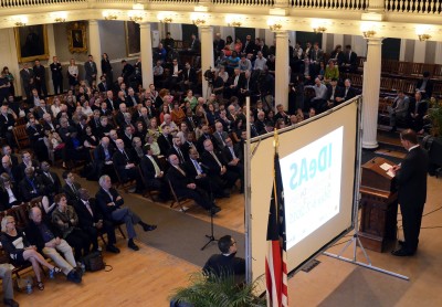 Boston Mayor Martin Walsh announces Imagine Boston 2030, the first citywide plan in 50 years, to the Innovative Design Alternatives Summit in Faneuil Hall on Wednesday. PHOTO BY DANIEL GUAN/ DAILY FREE PRESS STAFF