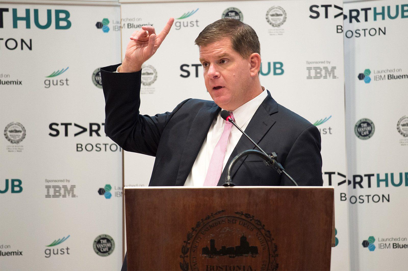 Boston Mayor Martin Walsh announces the launch of Boston's StartHub at the Bruce C. Bolling Municipal Building in Roxbury in October 2015. PHOTO BY MADDIE MALHOTRA/ DFP FILE PHOTO