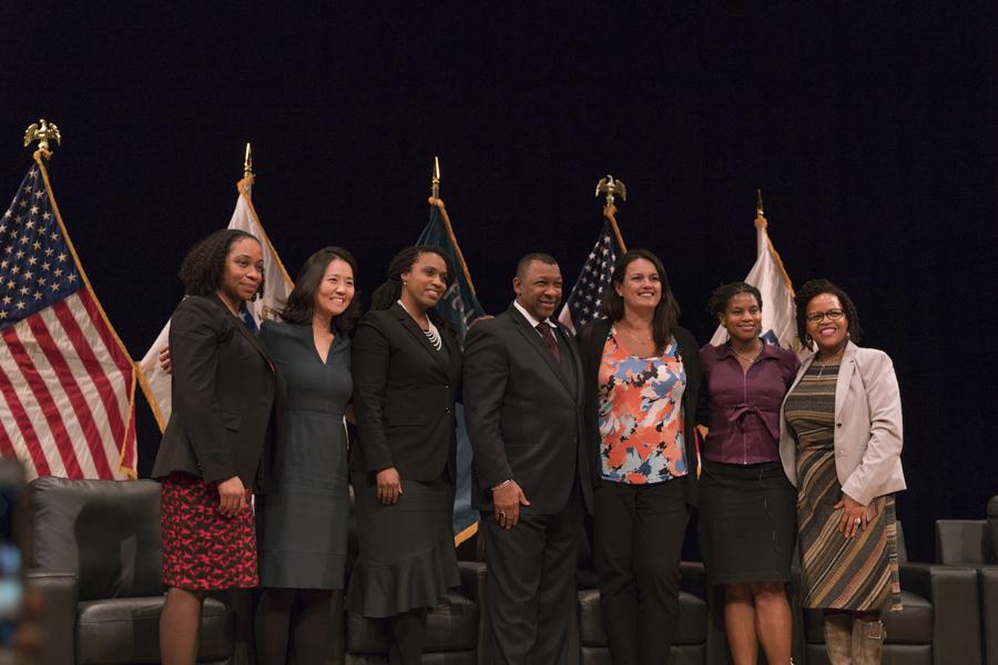 Andrea Campbell, Michelle Wu, Ayanna Pressley, Sheriff Steven W. Tompkins, Annissa Essaibi George, Lydia Edwards, Kim Janey in Roxbury on Monday evening. PHOTO BY DENGFENG YANG/ DAILY FREE PRESS STAFF