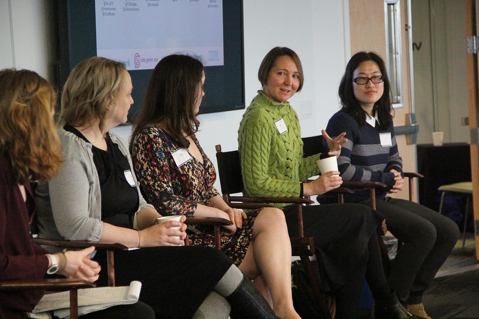 Janet Slifka of Amazon Echo discusses the reasons for her unusually woman-heavy team, during a panel for a networking event called "Women in Tech: Careers Beyond {Coding}" in Cambridge on Tuesday. The panel, which talked about jobs in the engineering world, included several leading women in the industry. PHOTO BY SOFIA FARENTINOS/DAILY FREE PRESS STAFF 
